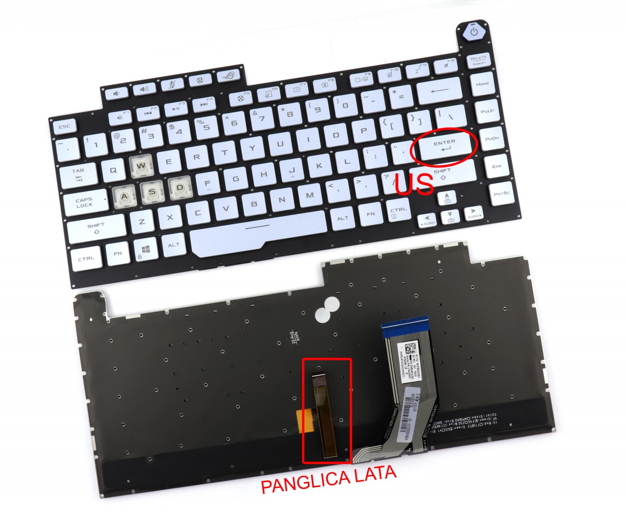 Tastatura Albastra cu Panglica Iluminare Lata Asus ROG STRIX G512LU iluminata layout US fara rama enter mic