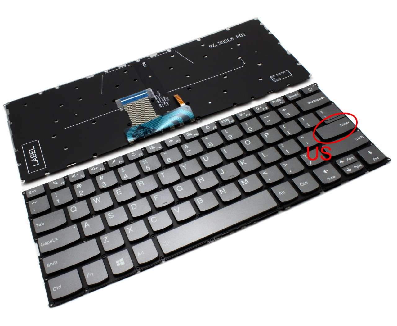 Tastatura Gri cu buton power Lenovo IdeaPad 720S-14IKB iluminata layout US fara rama enter mic
