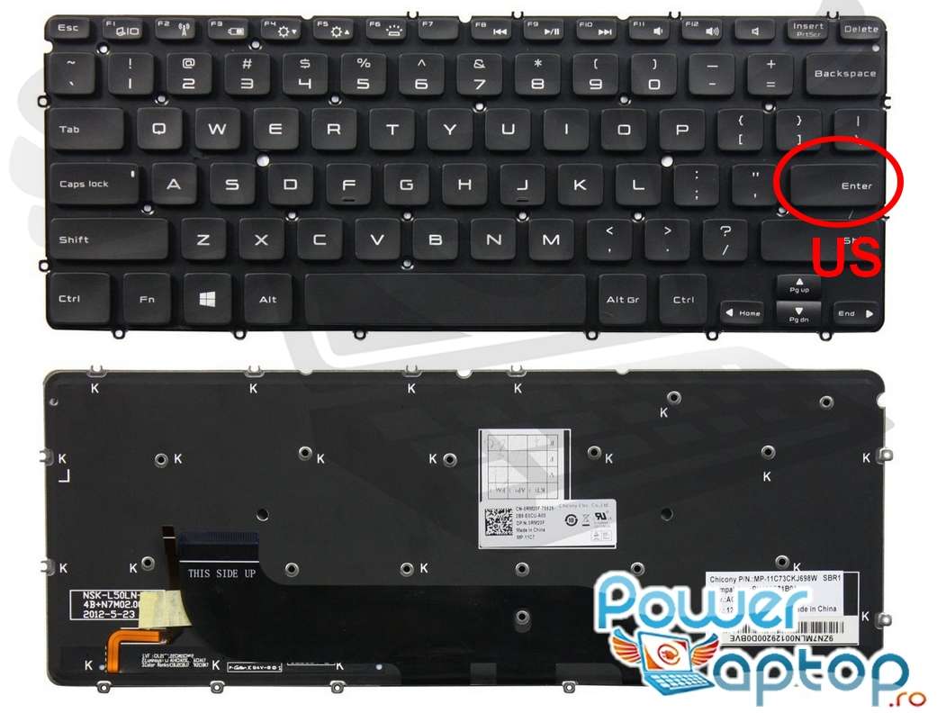 Tastatura Dell XPS 13 570 layout US fara rama enter mic iluminata backlit Dell imagine noua 2022