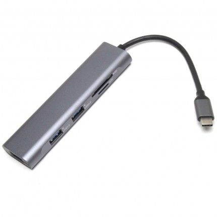 Hub USB Type C cu 3 porturi USB 3.0 si 2 porturi SD si MicroSD TF Card Reader Aluminiu