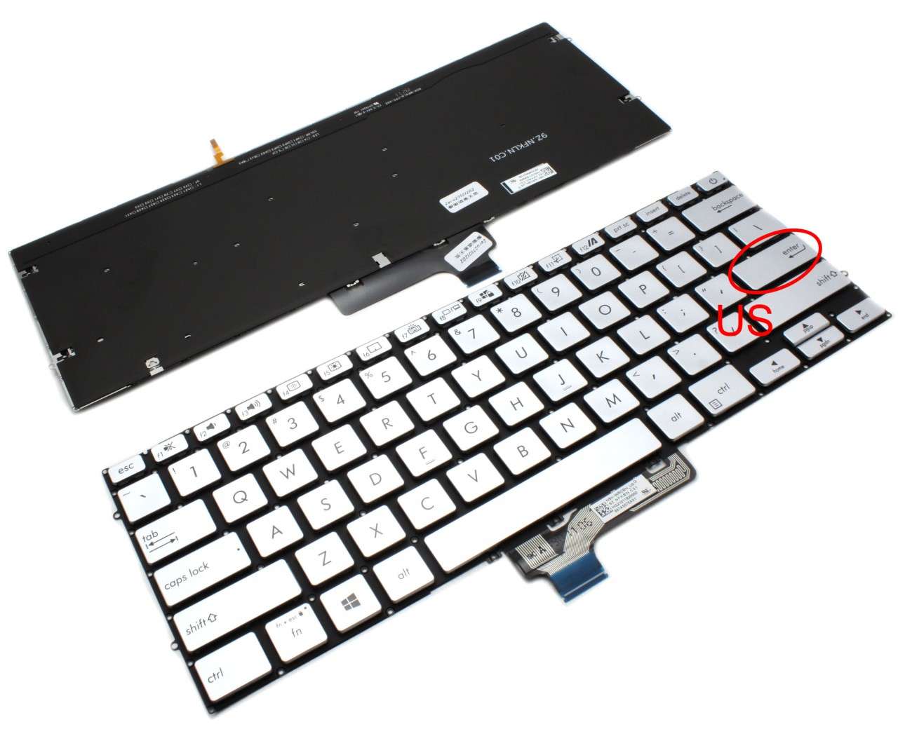 Tastatura Argintie Asus VivoBook S14 S431FL iluminata layout US fara rama enter mic