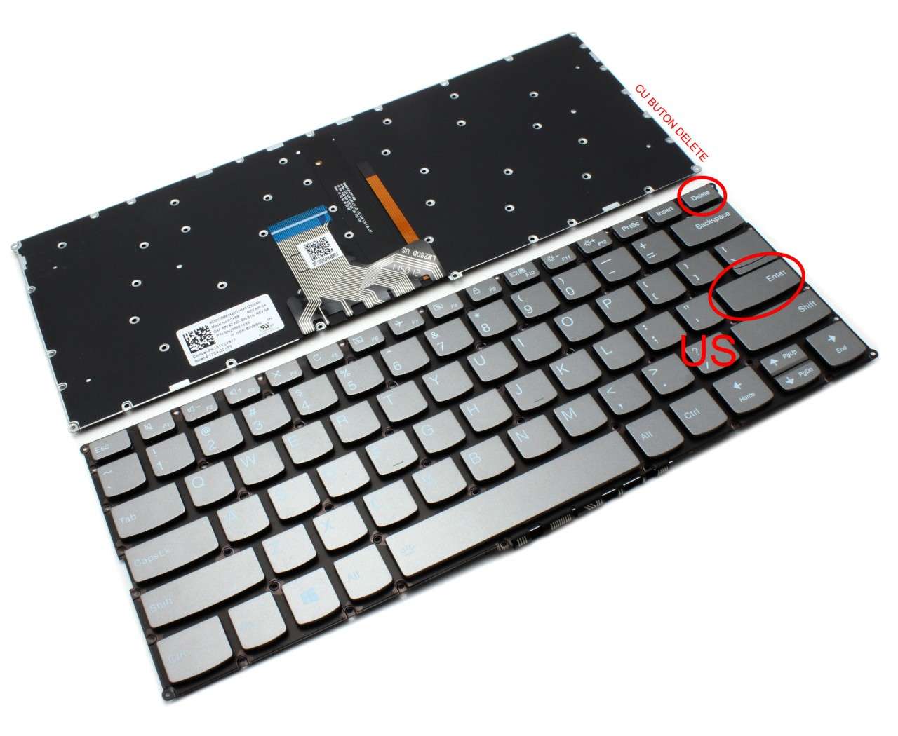 Tastatura Gri cu buton delete Lenovo PK131YJ4B17 iluminata layout US fara rama enter mic image
