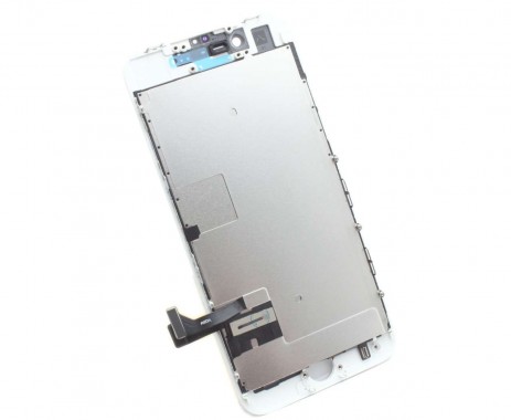 Display iPhone SE 2020 A2275 Complet, cu tablita metalica pe spate, conector pentru amprenta si ornamente camera si casca.