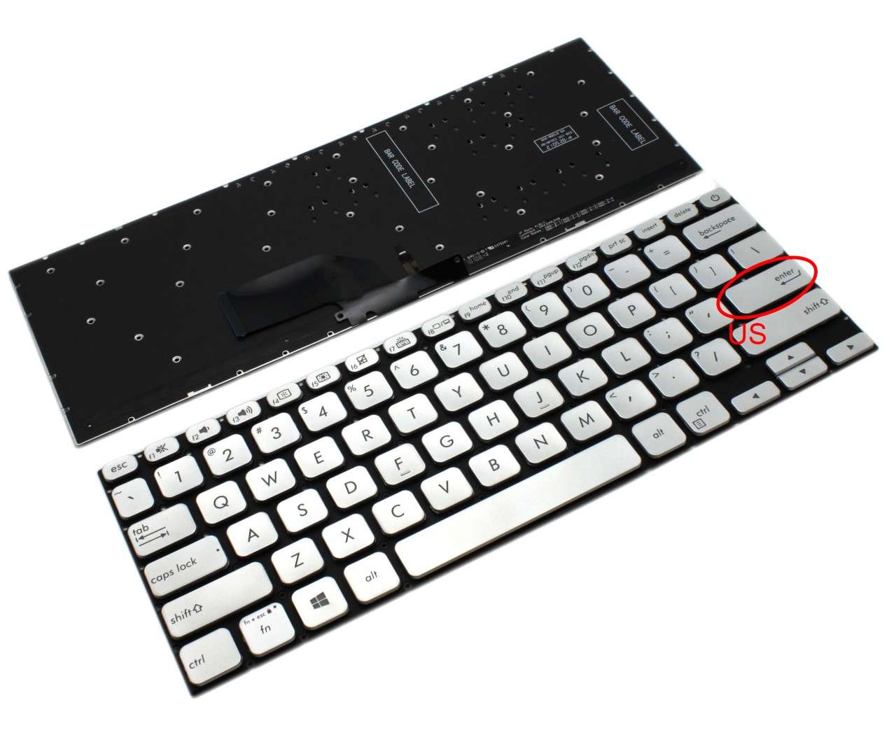 Tastatura Argintie Asus S13 S330FN iluminata layout US fara rama enter mic argintie