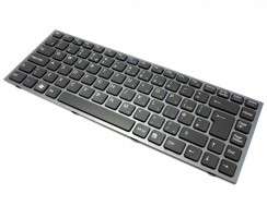 Tastatura Sony Vaio VPCS118EC P Neagra cu Rama Gri iluminata backlit. Keyboard Sony Vaio VPCS118EC P Neagra cu Rama Gri. Tastaturi laptop Sony Vaio VPCS118EC P Neagra cu Rama Gri. Tastatura notebook Sony Vaio VPCS118EC P Neagra cu Rama Gri