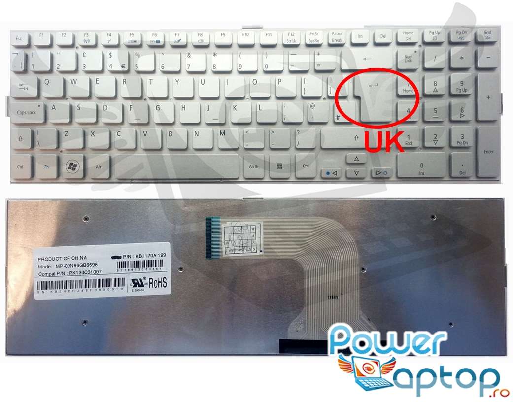 Tastatura Acer Aspire 5950G layout UK fara rama enter mare 5950g