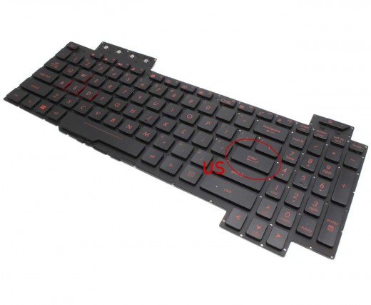 Tastatura Asus TUF Gaming FX80GM neagra cu iluminare rosie pe marginea tastelor iluminata. Keyboard Asus TUF Gaming FX80GM. Tastaturi laptop Asus TUF Gaming FX80GM. Tastatura notebook Asus TUF Gaming FX80GM