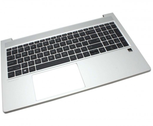 Tastatura HP V195346FS1 Neagra cu Palmrest Argintiu si Orificiu Amprenta iluminata backlit. Keyboard HP V195346FS1 Neagra cu Palmrest Argintiu si Orificiu Amprenta. Tastaturi laptop HP V195346FS1 Neagra cu Palmrest Argintiu si Orificiu Amprenta. Tastatura notebook HP V195346FS1 Neagra cu Palmrest Argintiu si Orificiu Amprenta