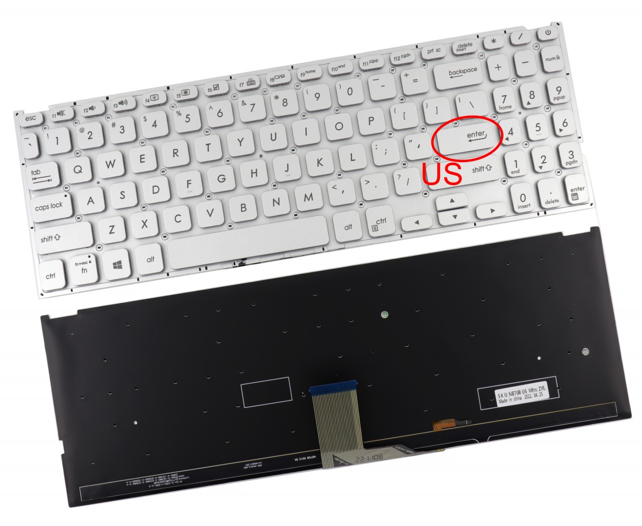 Tastatura Argintie Asus VivoBook X512 iluminata layout US fara rama enter mic